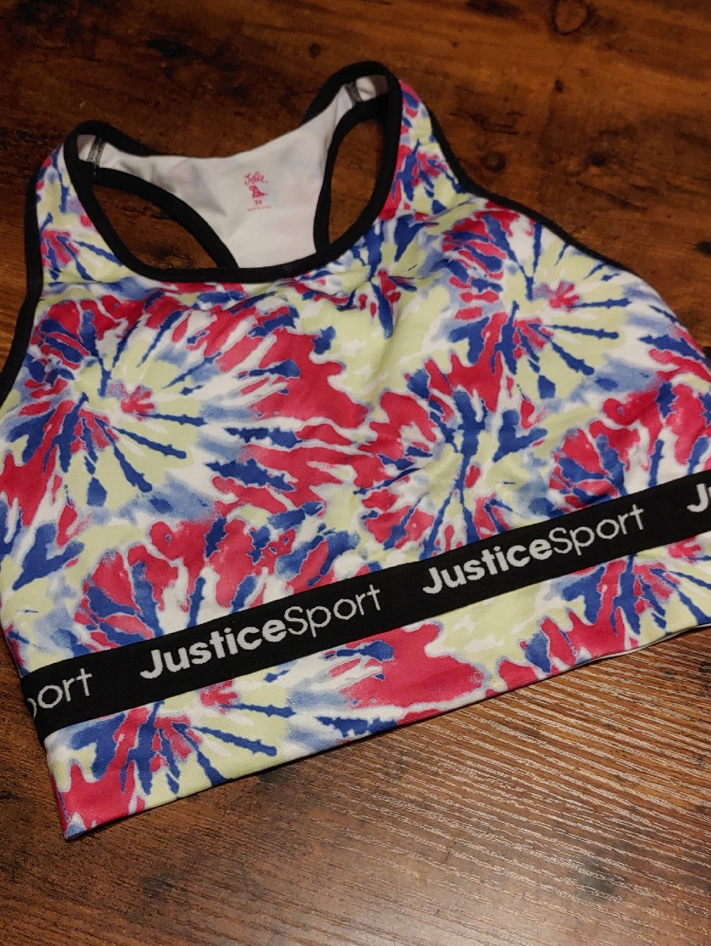 NWOT Justice size 36 Colorful Tye Dye Padded Wirefree Sports Bra